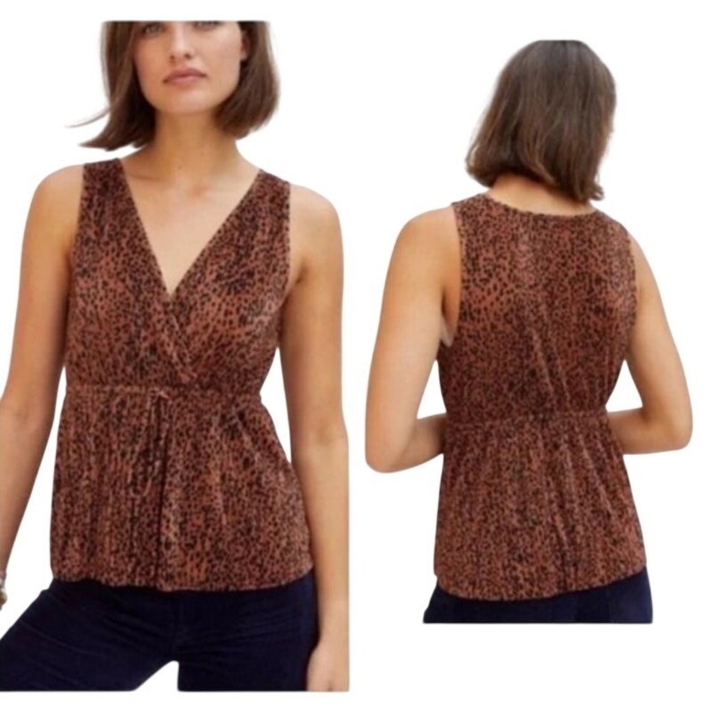 Anthropologie Leopard Babydoll Blouse Drawstring Waist Boho Casual Summer SMALL